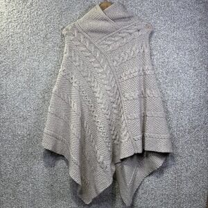 Inis Crafts Sweater Cape Womens M/L Beige Merino Wool Cable Knit Cowl Neck